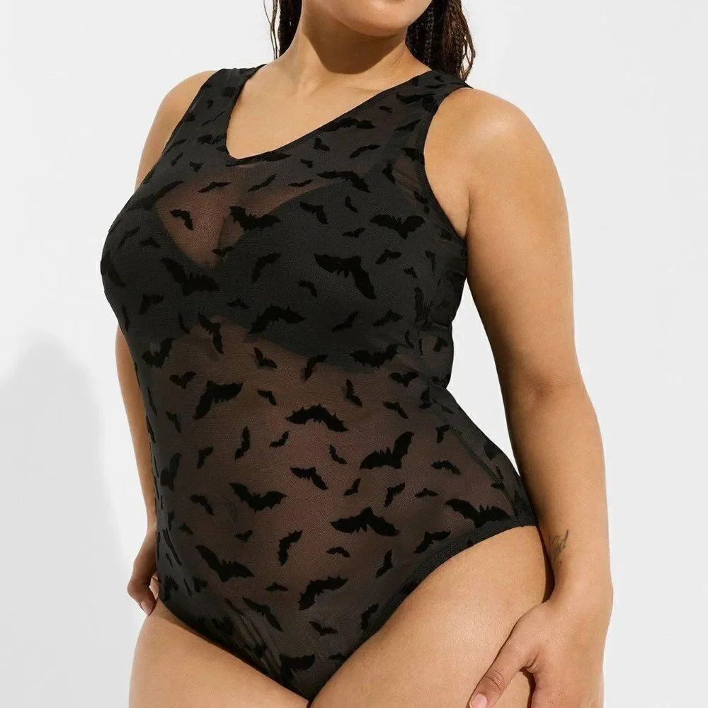 Torrid 3X Black Bat Velvet & Mesh V Neck Bodysuit